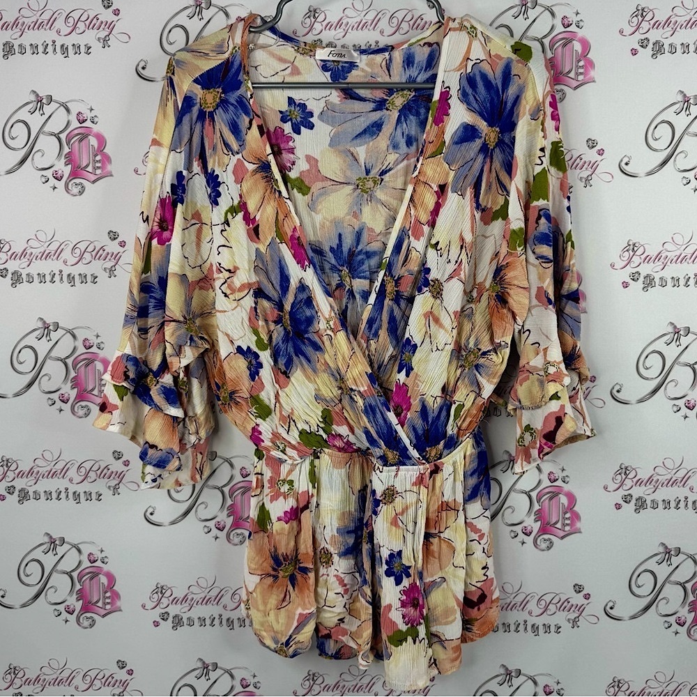 Fona shirt blouse flowy Floral Wrap Blouse with Blue and Beige Accents